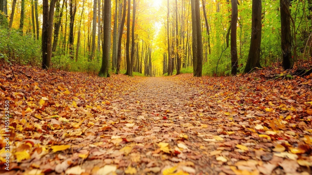 Obraz premium Autumn forest concept. A serene path through a vibrant autumn forest, covered in colorful fallen leaves.