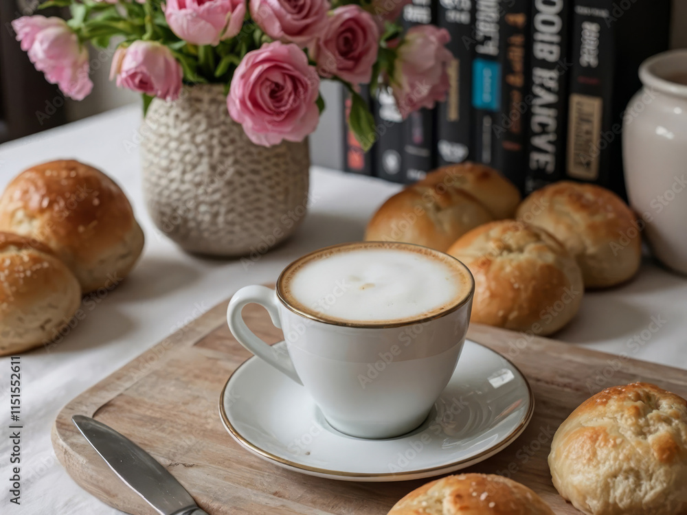 Coffee and Pastries on Cozy Breakfast Table with Natural Light Coffee and Pastries on Cozy Breakfast Table with Natural Light