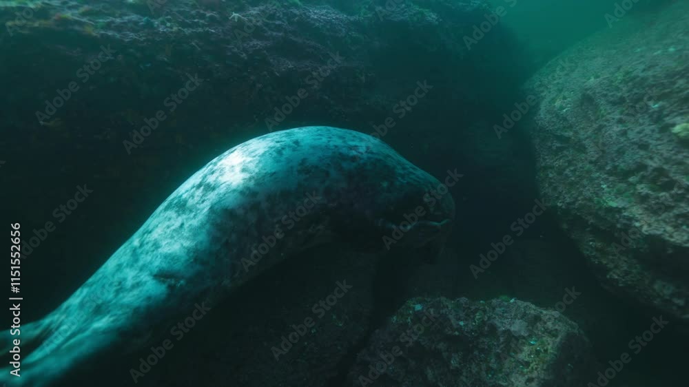 A playful seal interacts with a diver's fins in Percé, Québec, creating a fun and engaging underwater moment, captured in stunning 60fps detail A playful seal interacts with a diver's fins in Percé, Québec, creating a fun and engaging underwater moment, captured in stunning 60fps detail