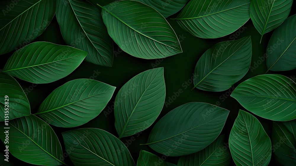 Fototapeta premium Foliage abstract background concept. A close-up view of lush green leaves arranged harmoniously on a dark background.