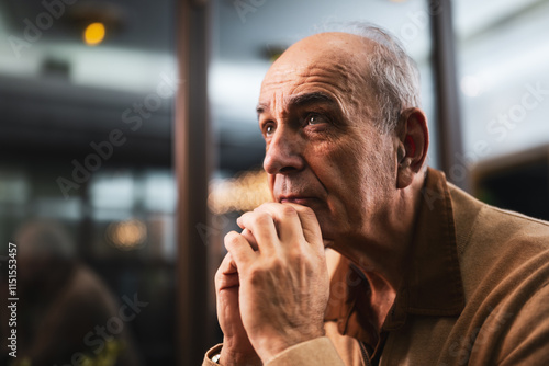 Close up portrait of pensive and worried senior man thinking about something while sitting in the city bar.