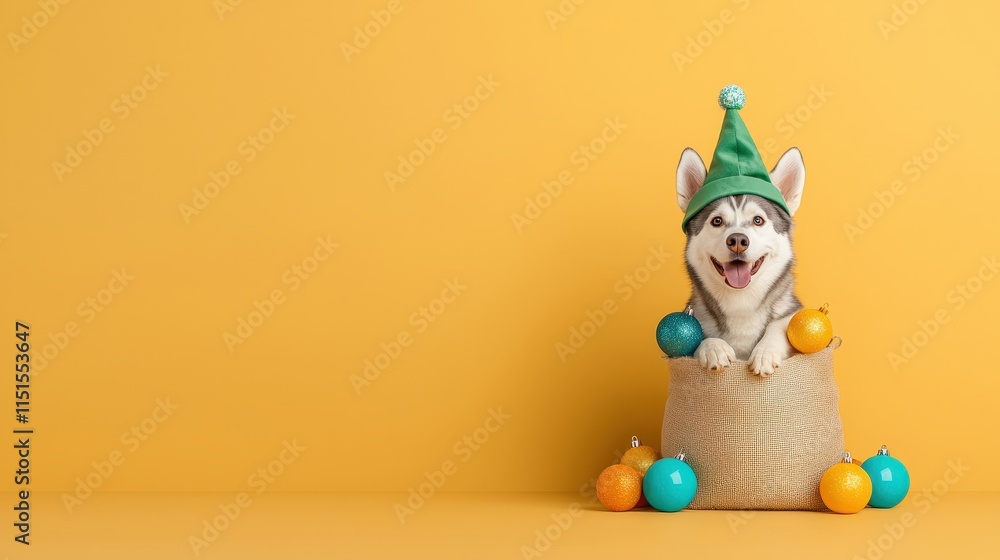 Fototapeta premium Happy Dog in Party Hat with Colorful Decorations