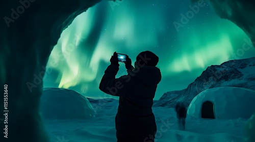 Silhouetted person photographs aurora borealis from an ice cave, with igloos in the snowy landscape.