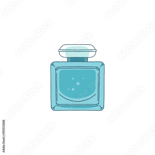 Elegance perfume blue glass bottle with cap, aqua cologne vial, vector marine fragrance cosmetic product flask package