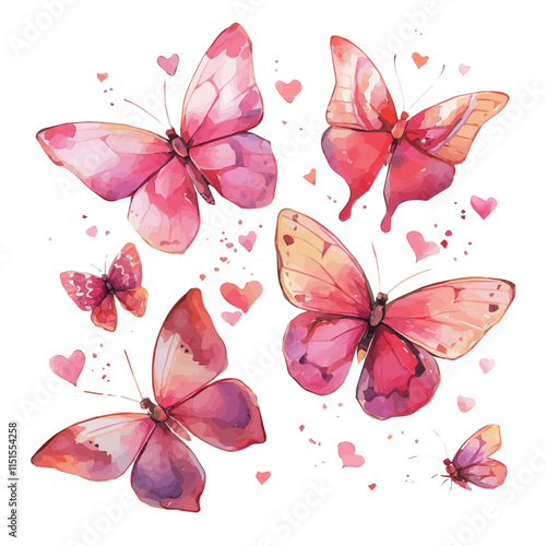 Watercolor Valentine fluttering butterflies  isolated on white background, Valentine illustration