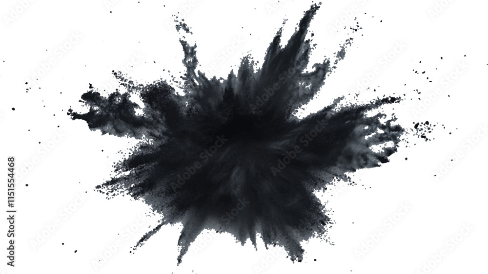 Abstract explosion of black powder and debris creating a dramatic cloud against a white background. Explosive black powder burst effect isolated on white background. Black chalk explosion. Black powde Abstract explosion of black powder and debris creating a dramatic cloud against a white background. Explosive black powder burst effect isolated on white background. Black chalk explosion. Black powde