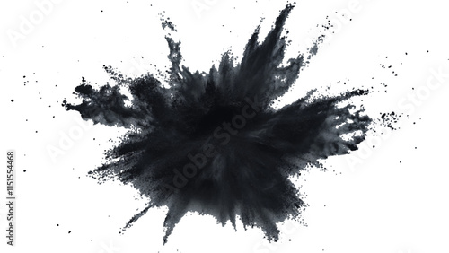 Abstract explosion of black powder and debris creating a dramatic cloud against a white background. Explosive black powder burst effect isolated on white background. Black chalk explosion. Black powde