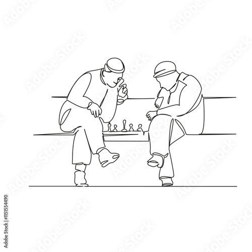 One continuous single drawing line art flat doodle old age, game, chess, leisure, excitement, checkmate. Isolated image hand draw contour on a white background, hand drawn