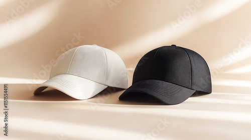 Two black and white baseball cap mockup on beige background photo