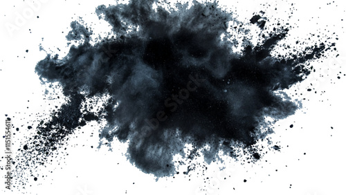 Abstract explosion of black powder and debris creating a dramatic cloud against a white background. Explosive black powder burst effect isolated on white background. Black chalk explosion. Black powde