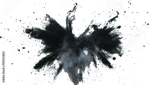 Abstract explosion of black powder and debris creating a dramatic cloud against a white background. Explosive black powder burst effect isolated on white background. Black chalk explosion. Black powde