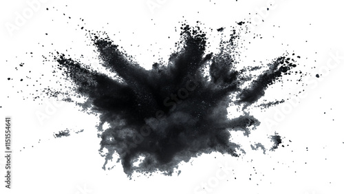 Explosive black powder burst against a white background. Closeup of black dust particles explode isolated on white background.