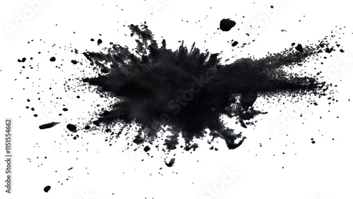 Explosive black powder burst against a white background. Closeup of black dust particles explode isolated on white background.
