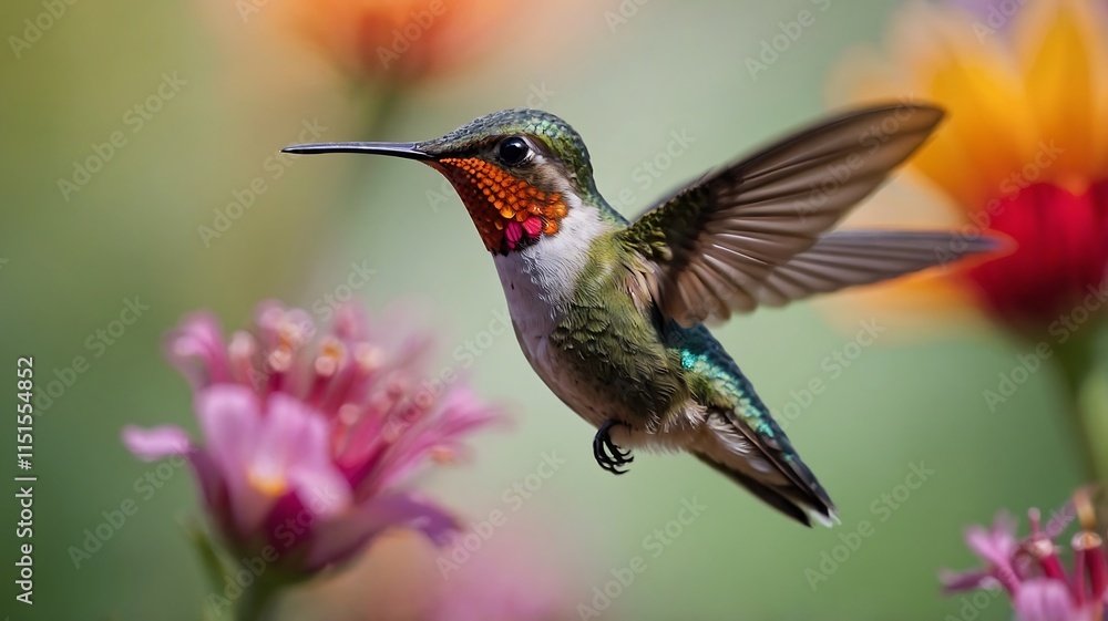 Fototapeta premium Hummingbird in Flight Amongst Vibrant Blossoms