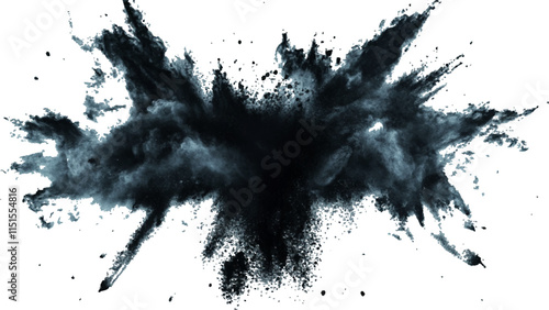 Black powder explosion with dark colors isolated white background. Abstract powder splatted on white background, 