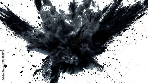 Black powder explosion with dark colors isolated white background. Abstract powder splatted on white background, 