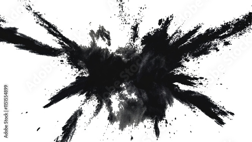 Black powder explosion with dark colors isolated white background. Abstract powder splatted on white background, 