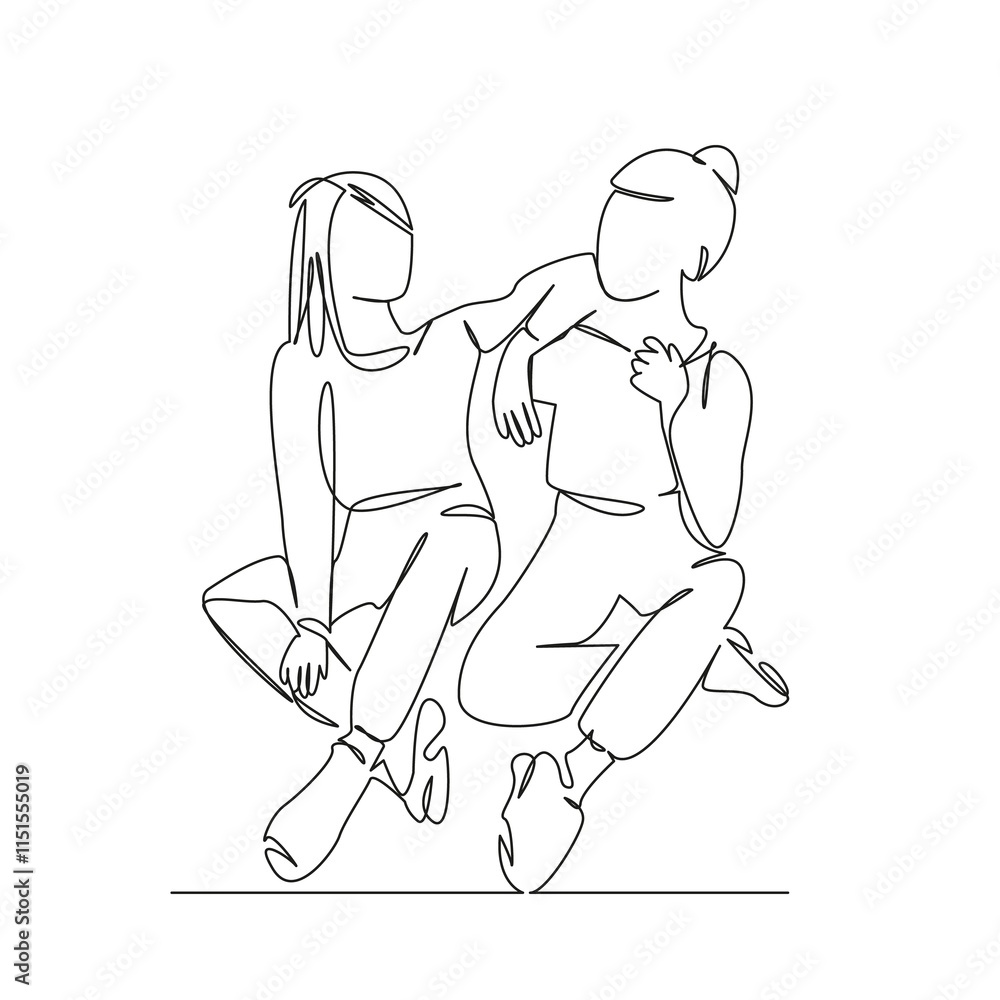 One continuous single drawing line art flat doodle teenage, person, sitting, female, woman, lifestyle, friendship, indoor, adult, conversation. Isolated image hand draw contour on a white background, One continuous single drawing line art flat doodle teenage, person, sitting, female, woman, lifestyle, friendship, indoor, adult, conversation. Isolated image hand draw contour on a white background,