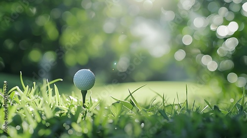 A tranquil scene of a golf ball on tee against a backdrop of blurred green bokeh highlighting the beauty and focus of the moment