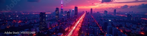 Neon-lit cityscape at dusk with vibrant colored lights, night scene, glowing photo