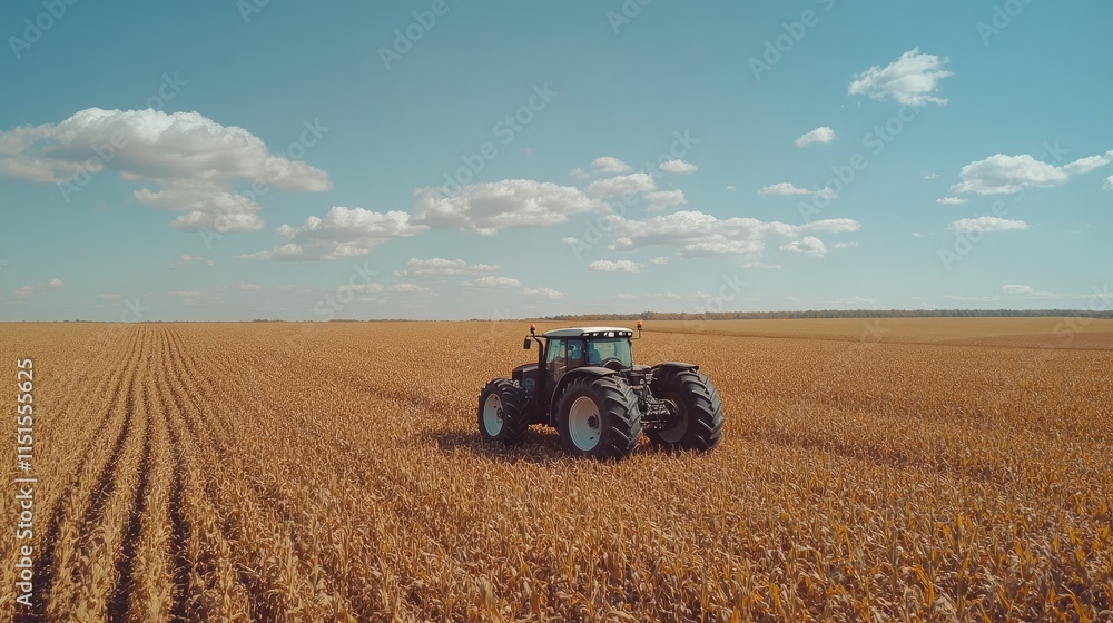 Obraz premium Tractor in a Cornfield: A Serene Rural Landscape of Modern Agriculture