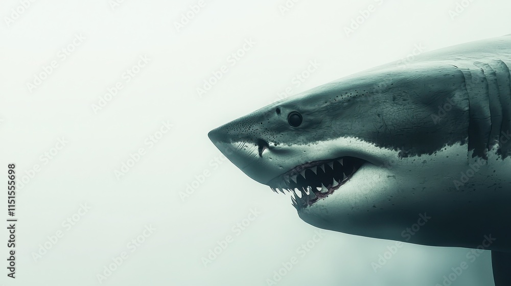 Naklejka premium Majestic Great White Shark Gliding Through Clear Ocean Waters