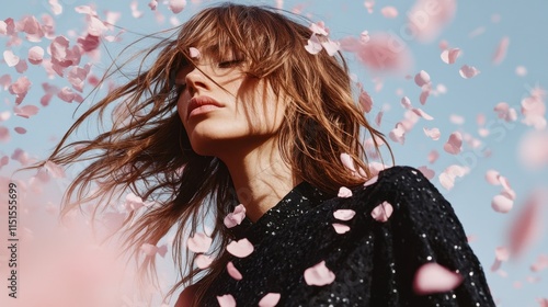 Minimal fashion photography with model in textured black attire, soft pastel confetti cascading, creating an airy yet bold atmosphere
