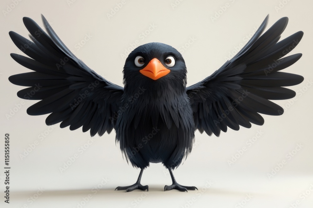Fototapeta premium a cartoon bird with black feathers and an orange beak spreads its wings