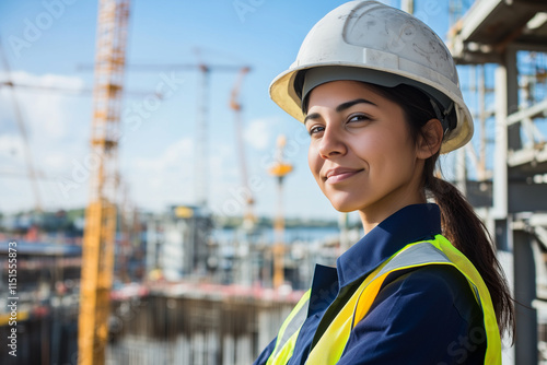 hispanic female engineer on building site wearing hard hat, high vis vest at sunset golden hour with cranes on the horizon