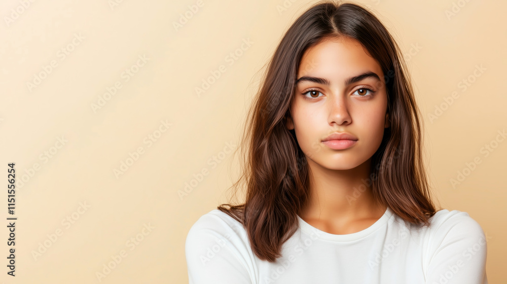 Fototapeta premium Young woman with natural beauty and serene expression with copy space