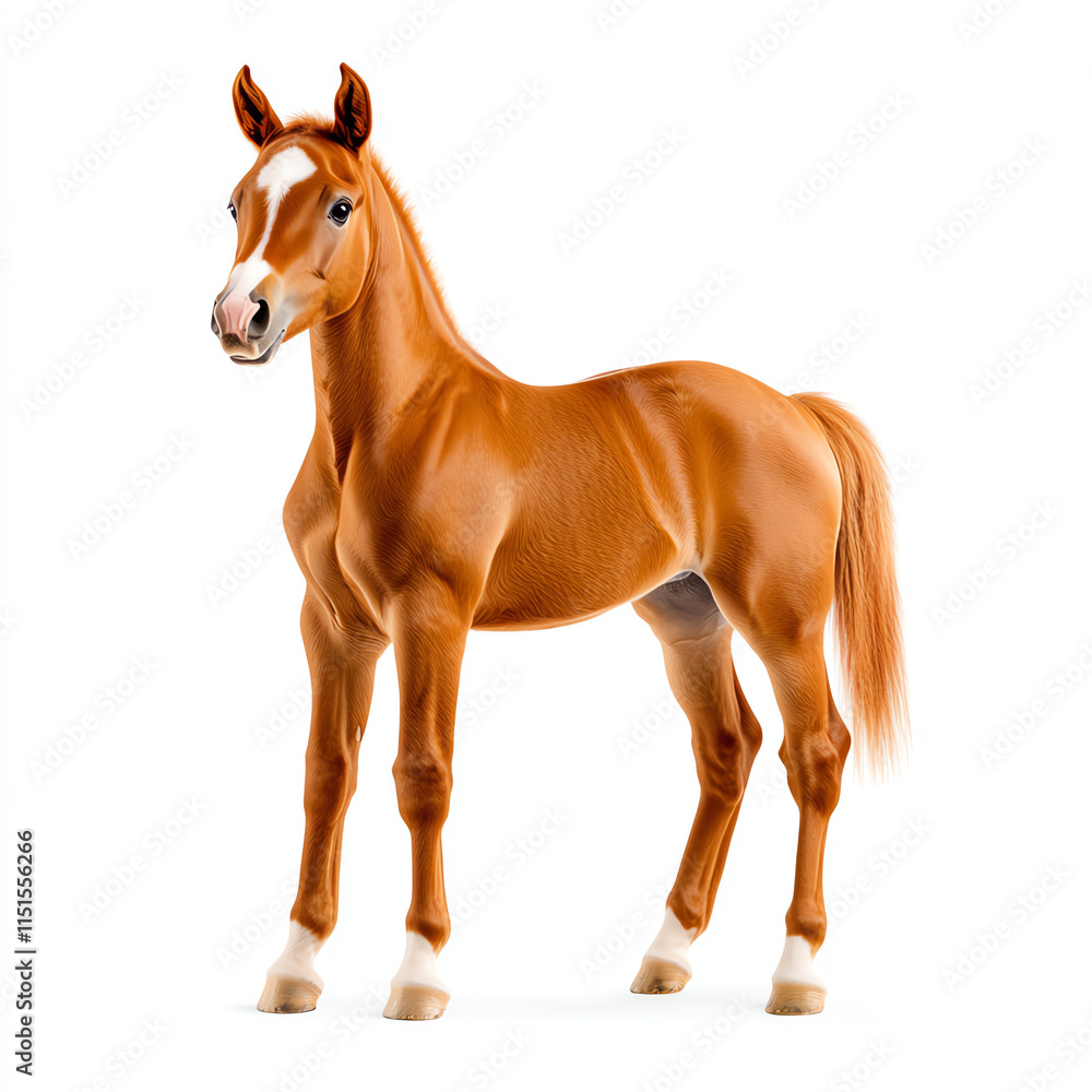 Obraz premium Portrait of a chestnut horse with a sleek coat, standing gracefully against a white isolated background.