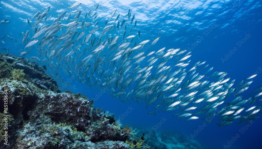 Fototapeta premium Underwater School of Silverfish Swimming in Blue Ocean and Copy Space