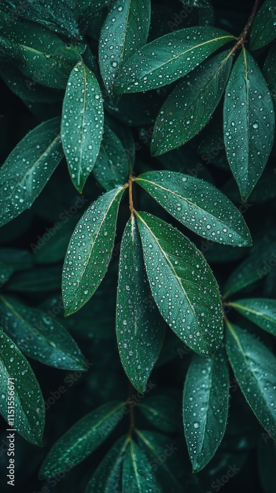 Fototapeta premium Vibrant green leaves glisten with raindrops, highlighting the fresh and tranquil atmosphere of a lush woodland after a rainstorm