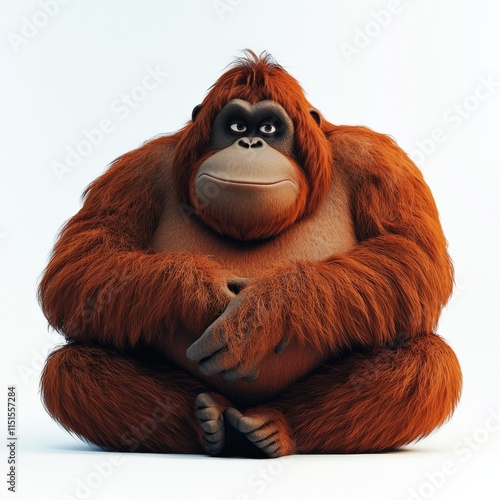 A reddish brown orangutan sits cross-legged on a white background photo