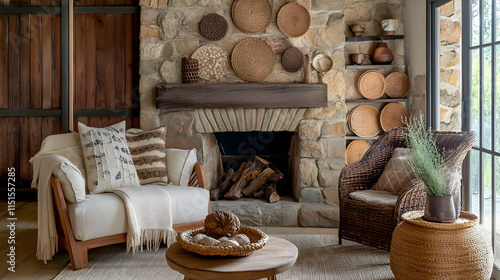Cozy Rustic Living Room with Stone Fireplace and Woven Decor