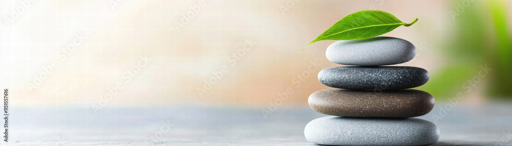 Relaxation self-care wellness. Stacked stones with a green leaf, symbolizing tranquility and balance. Relaxation self-care wellness. Stacked stones with a green leaf, symbolizing tranquility and balance.
