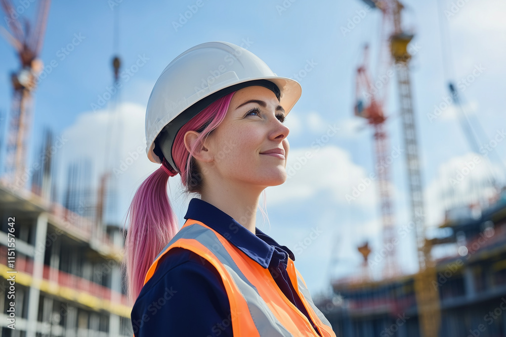 female construction worker with pink dyed hair on building site wearing hard hat, high vis vest with cranes on the horizon female construction worker with pink dyed hair on building site wearing hard hat, high vis vest with cranes on the horizon