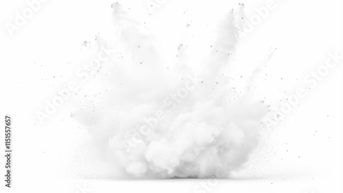 White powder explosion white background. Abstract powder splatted on white background, freeze motion of white powder exploding or throwing white powder.	