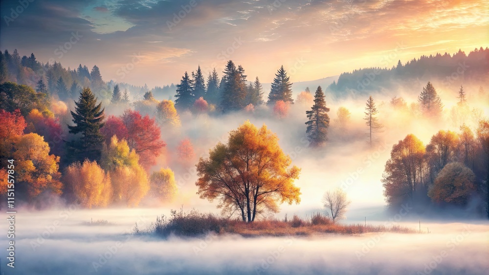 Naklejka premium Serene Autumn Sunrise Over Foggy Lake with Colorful Trees