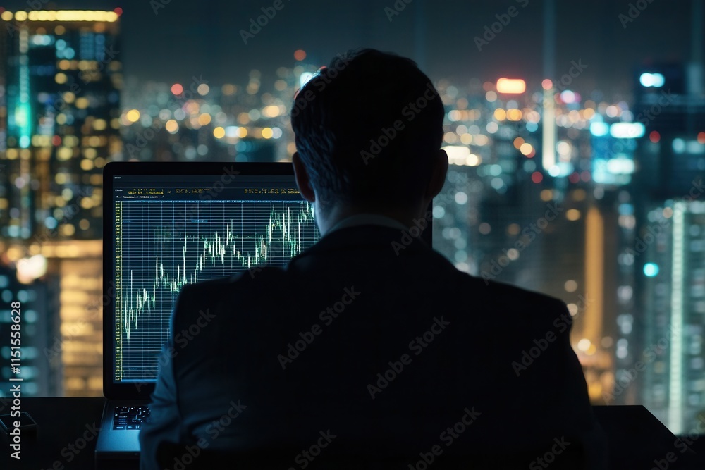 Fototapeta premium Professional Businessman Analyzing Downtrend Chart on Laptop in Modern Office with Ambient Lighting Overlooking City at Night