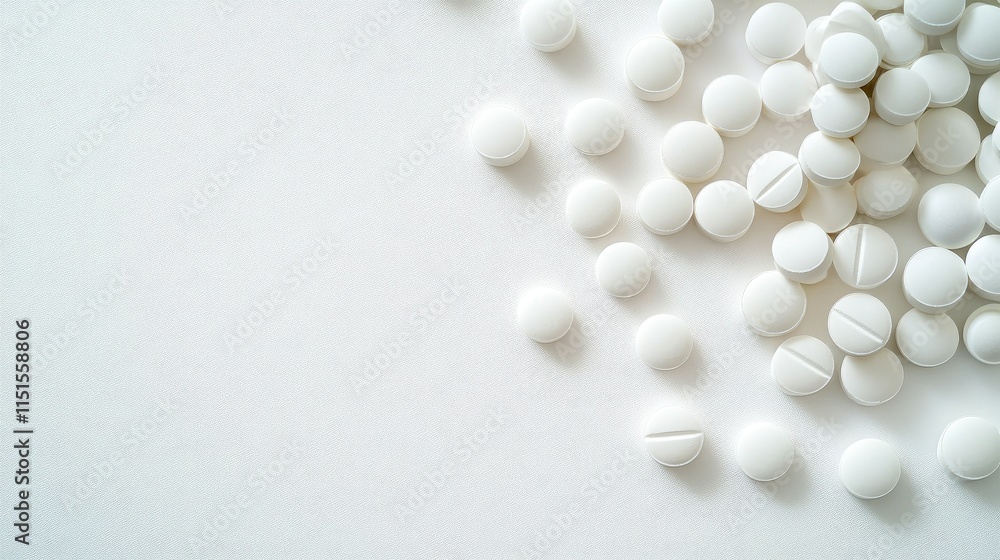 White Round Pills Scattered on a White Surface White Round Pills Scattered on a White Surface