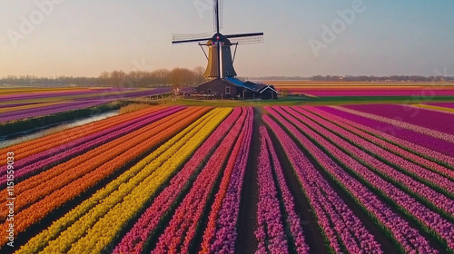 colorful tulip fields and Dutch windmill in North Holland. photo