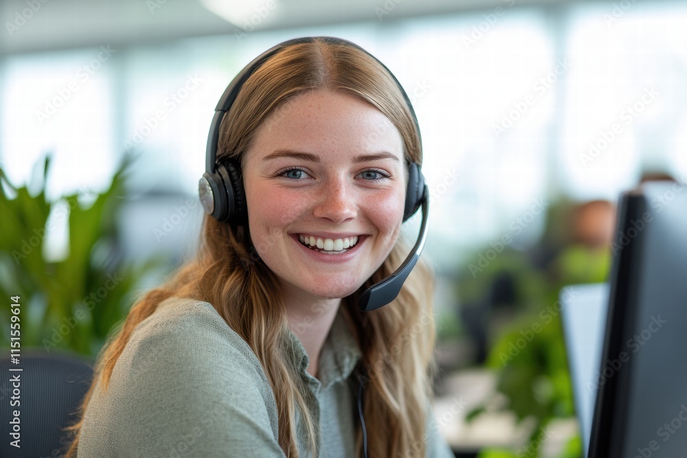 A woman wearing a headset is smiling at the camera A woman wearing a headset is smiling at the camera