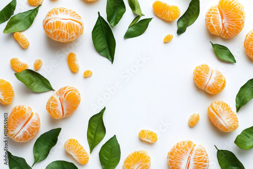 Fresh mandarin fruit and peeled with leaves isolated on white background. Mandarin juice photo