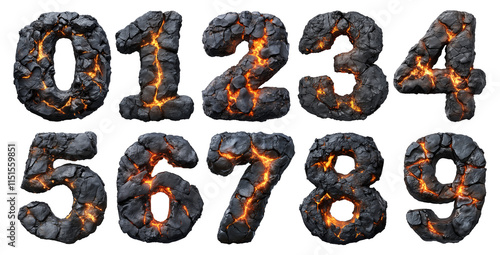 A font set of numbers made of hot glowing lava and black rocks, PNG isolated on a transparent background. photo