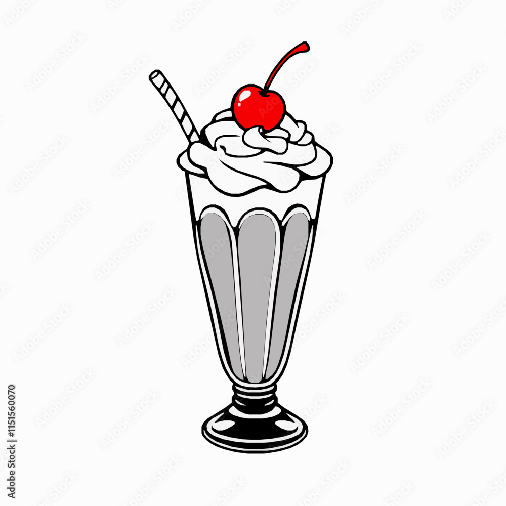milkshake glass outline vector illustration with whipped cream and cherry milkshake glass outline vector illustration with whipped cream and cherry