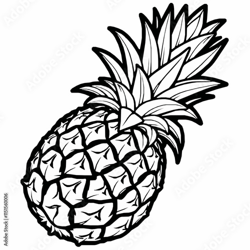 pineapple outline vector illustration with detailed leaves and spiky rind