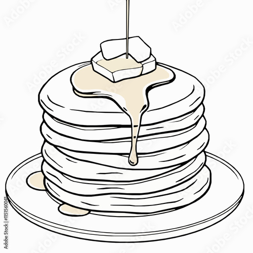 pancakes stack outline vector illustration with butter and maple syrup
