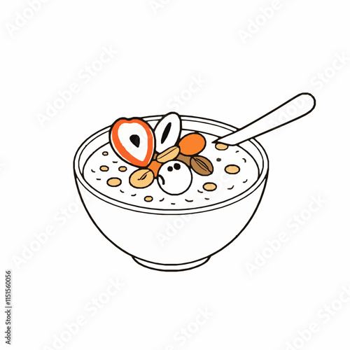 oatmeal bowl outline vector illustration with fruits and nuts