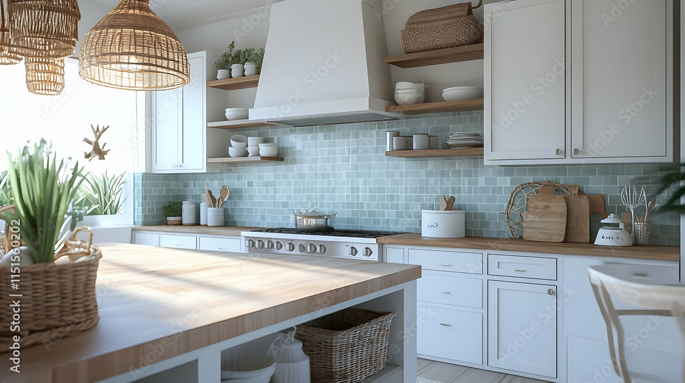 Fototapeta premium Coastal Kitchen Design: Modern White Cabinets, Blue Tiles, and Beach Decor